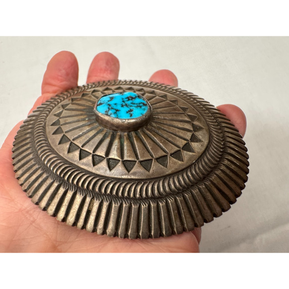 Vtg Native American Turquoise Belt Buckle Navajo Sterling Silver Signed 'M' 86gr - Picture 2 of 6